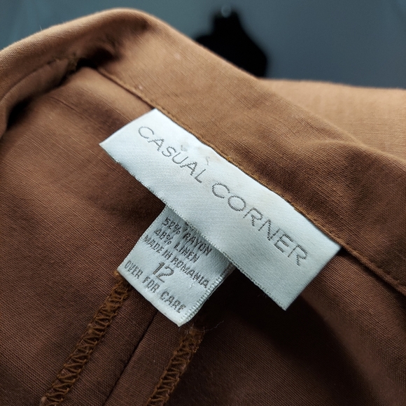 Casual Corner Midi Shirt-Dress Button Pocket Collar Short Sleeve Rust Linen 12 - Picture 2 of 5